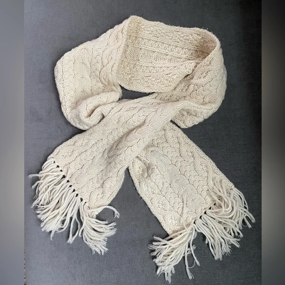 Lands End Ivory Cable Knit Unisex Wool Blend Scarf